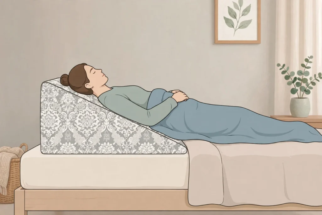 Illustration of a person reclining on a Kölbs bed wedge pillow